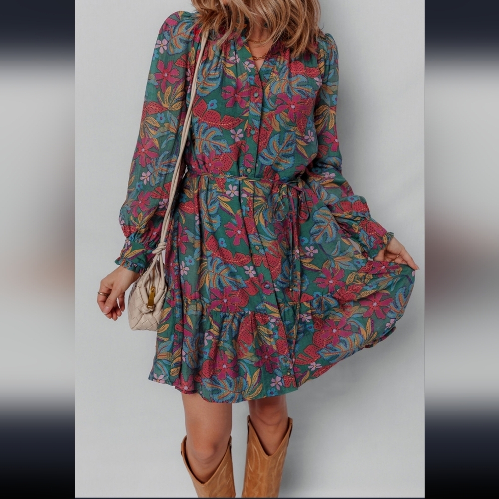 Botanical Print Viscose Tie Waist Mini Fall Dress